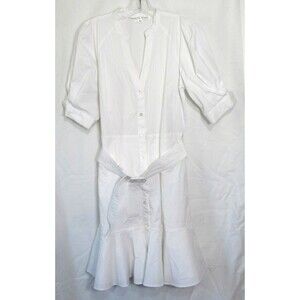 Veronica Beard White Molly Ruffle Hem Button Down Belted Shirt Dress Size 4 EUC